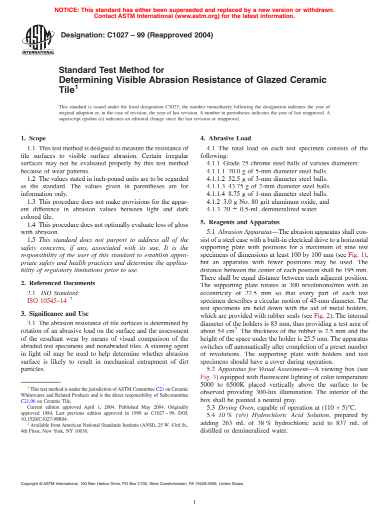 ASTM C1027-99(2004) - Standard Test Method for Determining Visible Abrasion Resistance of Glazed Ceramic Tile