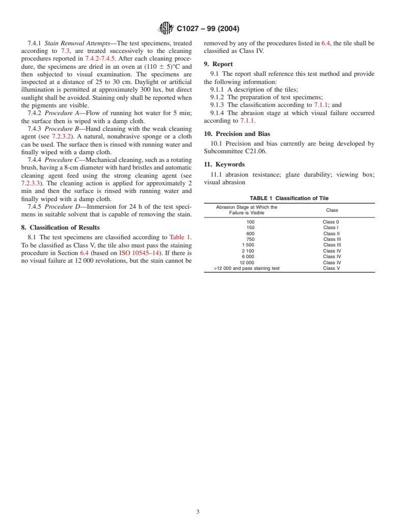 ASTM C1027-99(2004) - Standard Test Method for Determining Visible Abrasion Resistance of Glazed Ceramic Tile