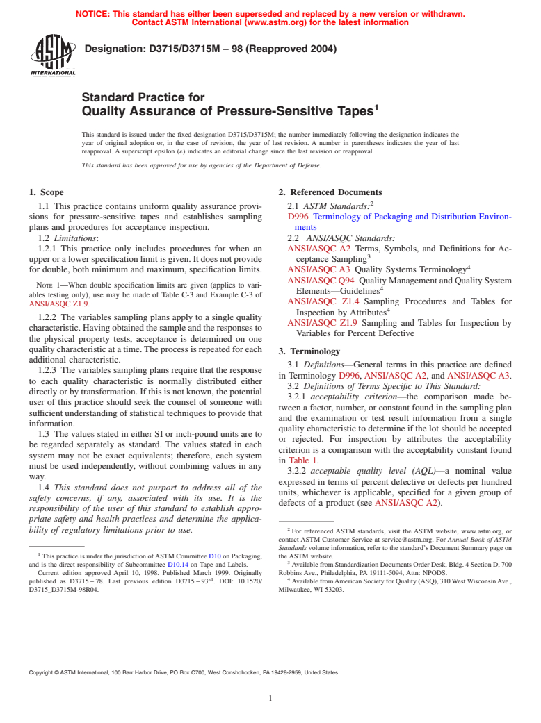 ASTM D3715/D3715M-98(2004) - Standard Practice for Quality Assurance of Pressure-Sensitive Tapes