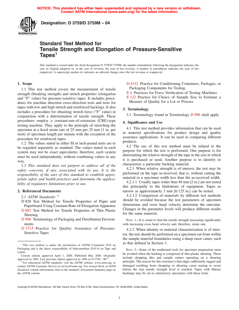 ASTM D3759/D3759M-04 - Standard Test Method for Tensile Strength and Elongation of Pressure-Sensitive Tapes