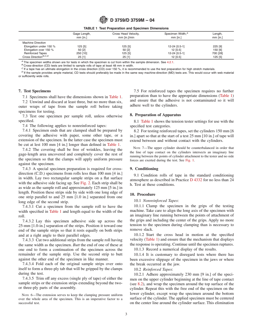 ASTM D3759/D3759M-04 - Standard Test Method for Tensile Strength and Elongation of Pressure-Sensitive Tapes