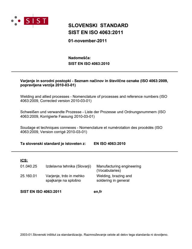 EN ISO 4063:2011 - ISO v EN, FR in DE jeziku