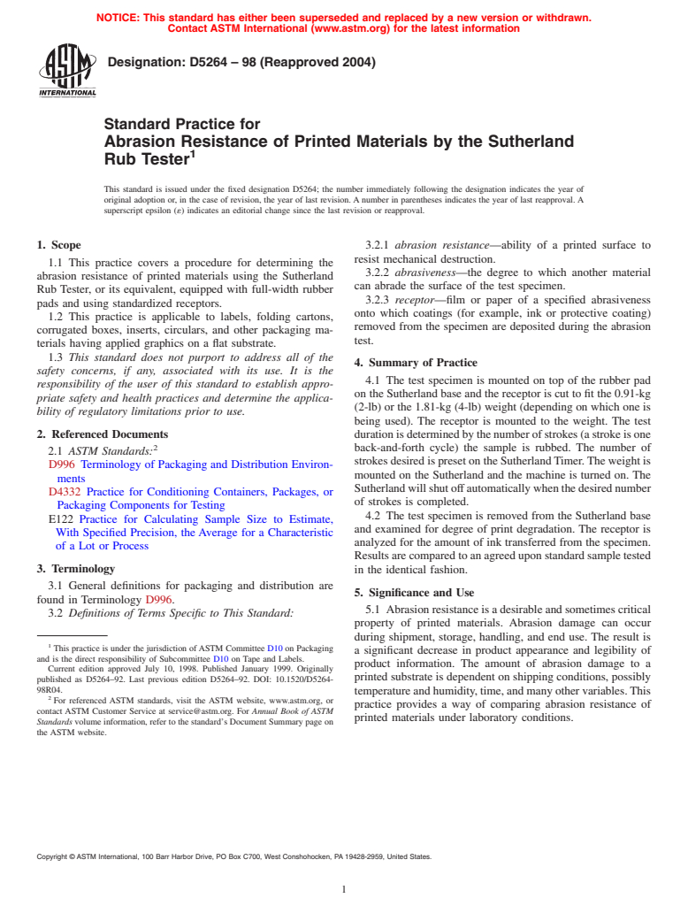 ASTM D5264-98(2004) - Standard Practice for Abrasion Resistance of Printed Materials by the Sutherland Rub Tester