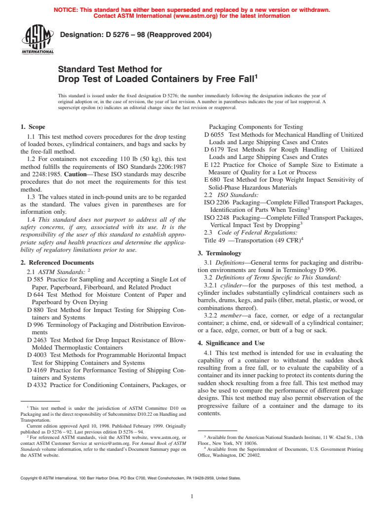 ASTM D5276-98(2004) - Standard Test Method for Drop Test of Loaded Containers by Free Fall