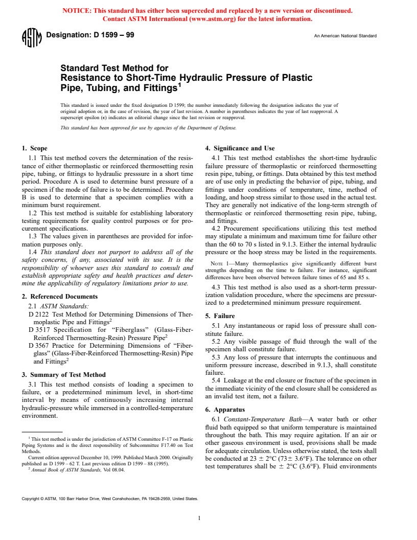 ASTM D1599-99 - Standard Test Method for Resistance to Short-Time Hydraulic Failure Pressure of Plastic Pipe, Tubing, and Fittings