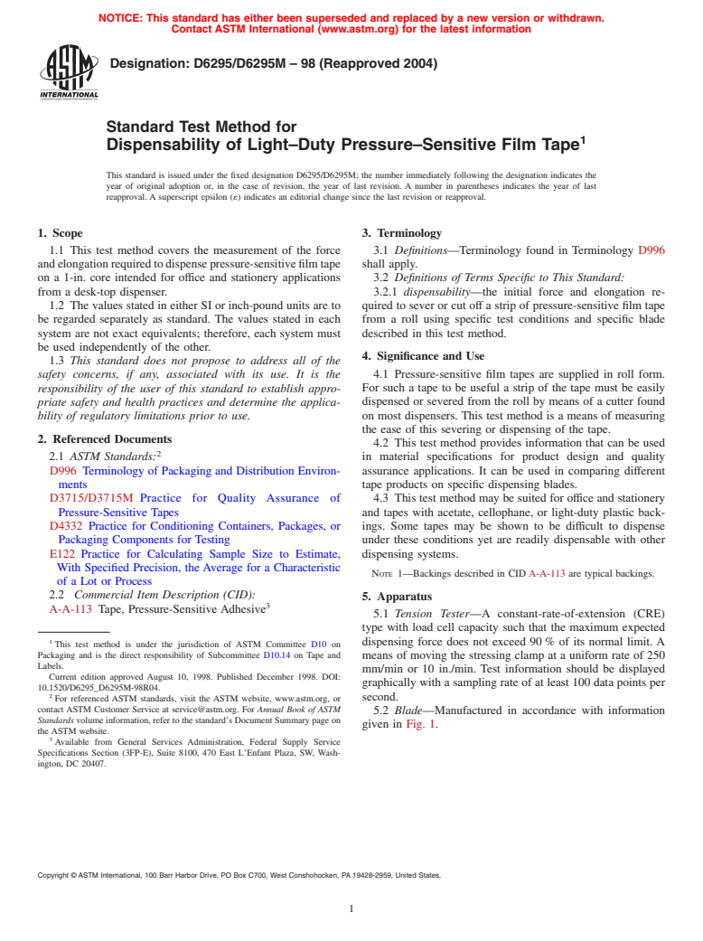 ASTM D6295/D6295M-98(2004) - Standard Test Method for Dispensability of Light-Duty Pressure-Sensitive Film Tape