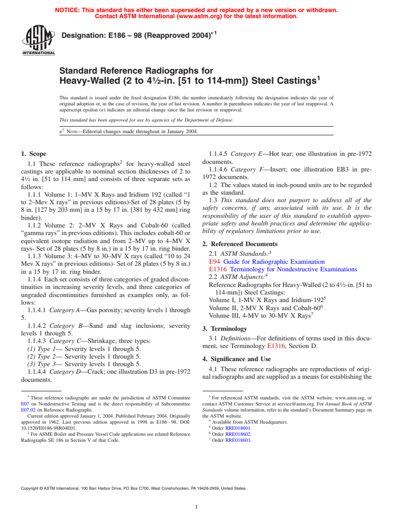 ASTM E186-98(2004)e1 - Standard Reference Radiographs for Heavy-Walled (2 to 4 &#189; in. [51 to 114-mm]) Steel Castings