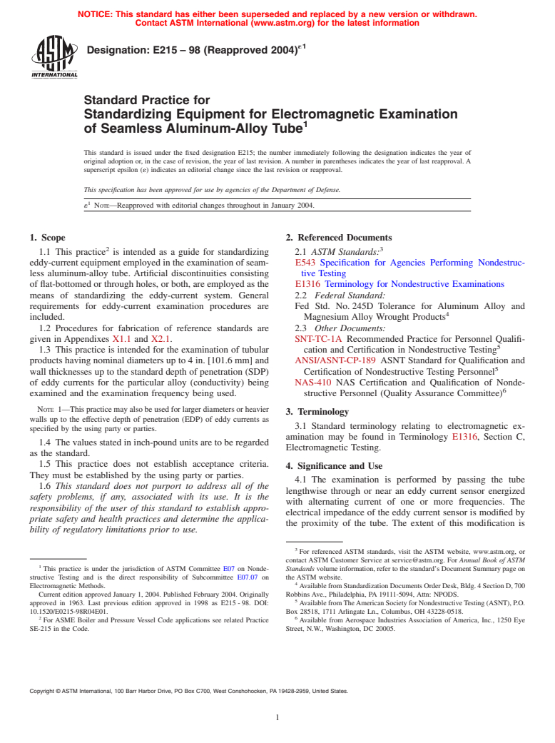 ASTM E215-98(2004)e1 - Standard Practice for Standardizing Equipment for Electromagnetic Examination of Seamless Aluminum-Alloy Tube