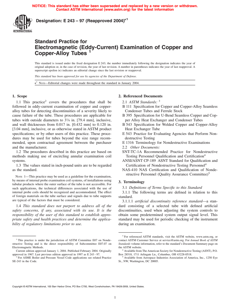 ASTM E243-97(2004)e1 - Standard Practice for Electromagnetic (Eddy-Current) Examination of Copper and Copper-Alloy Tubes