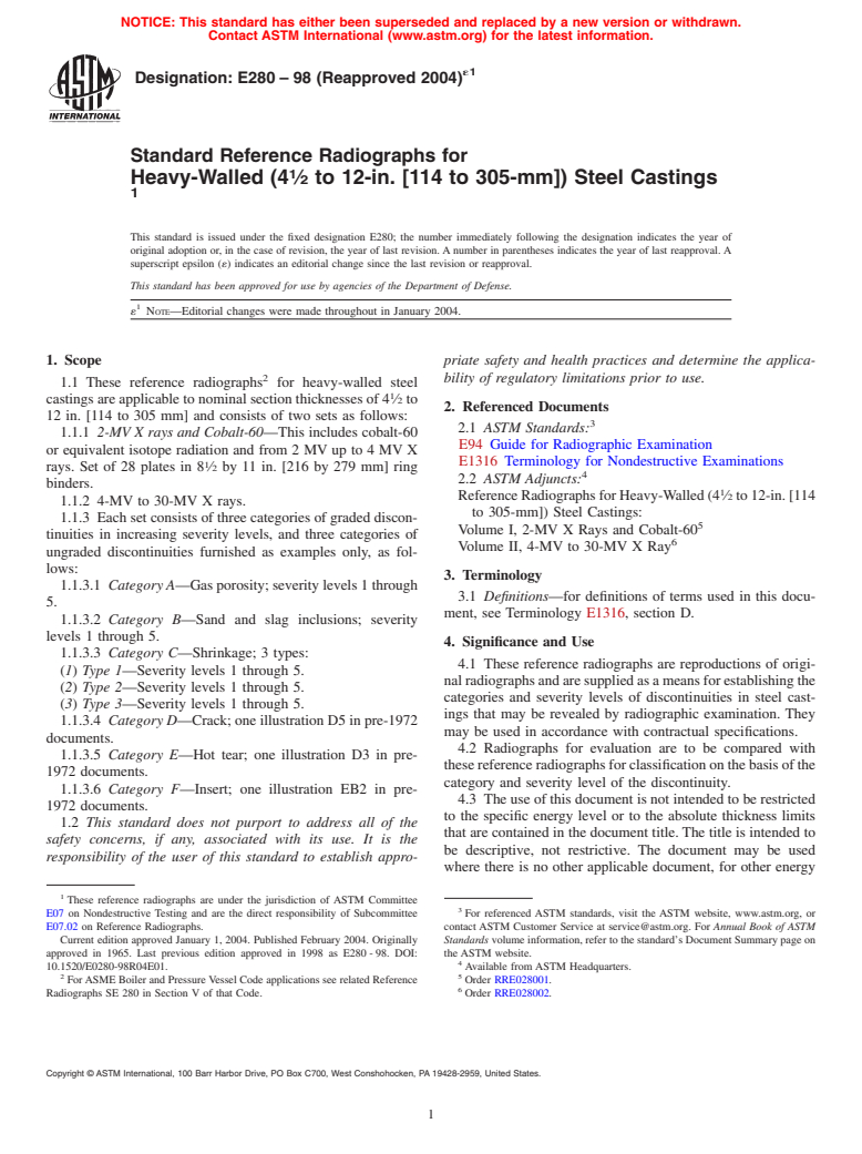 ASTM E280-98(2004)e1 - Standard Reference Radiographs for Heavy-Walled (4 &#189;  to 12-in. [114 to 305-mm]) Steel Castings