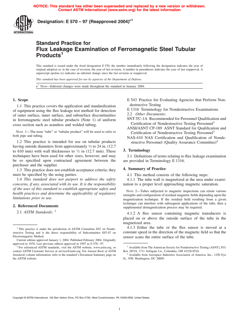 ASTM E570-97(2004)e1 - Standard Practice for Flux Leakage Examination of Ferromagnetic Steel Tubular Products