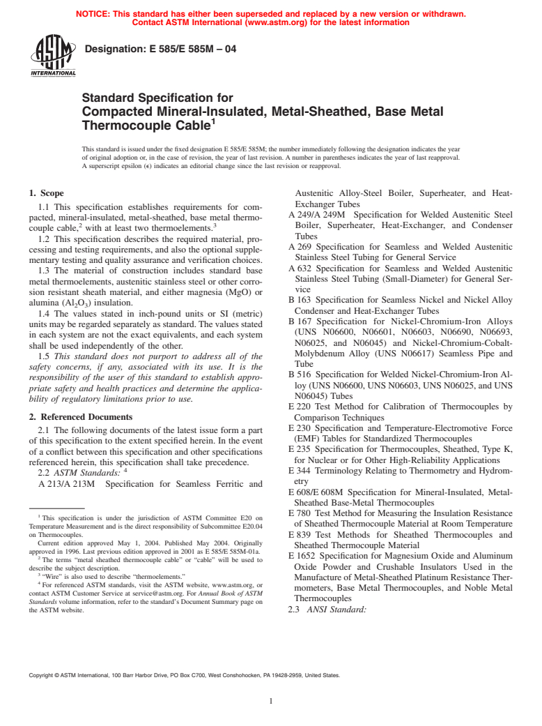 ASTM E585/E585M-04 - Standard Specification for Compacted Mineral-Insulated, Metal-Sheathed, Base Metal Thermocouple Cable