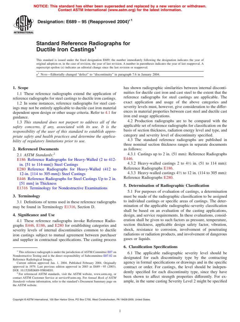 ASTM E689-95(2004)e1 - Standard Reference Radiographs for Ductile Iron Castings