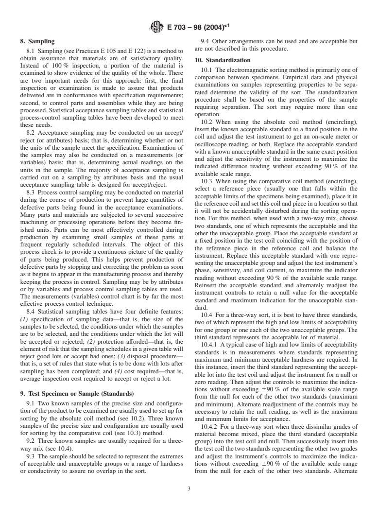 ASTM E703-98(2004)e1 - Standard Practice for Electromagnetic (Eddy-Current) Sorting of Nonferrous Metals