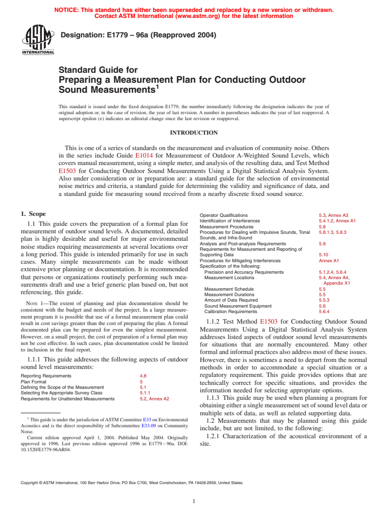 ASTM E1779-96a(2004) - Standard Guide for Preparing a Measurement Plan for Conducting Outdoor Sound Measurements (Withdrawn 2012)