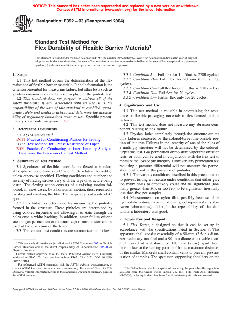 ASTM F392-93(2004) - Standard Test Method for Flex Durability of Flexible Barrier Materials