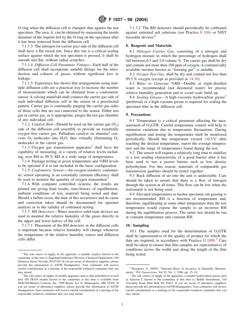 ASTM F1927-98(2004) - Standard Test Method for Determination of Oxygen Gas Transmission Rate, Permeability and Permeance at Controlled Relative Humidity Through Barrier Materials Using a Coulometric Detector