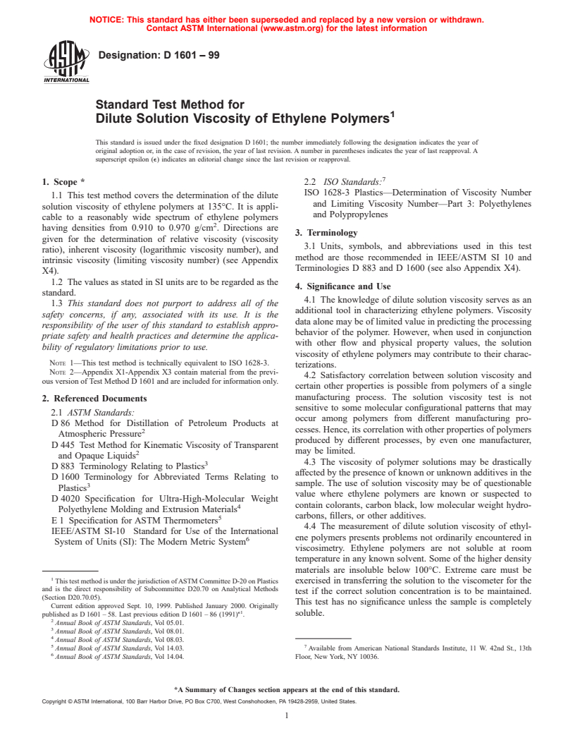 ASTM D1601-99 - Standard Test Method for Dilute Solution Viscosity of Ethylene Polymers