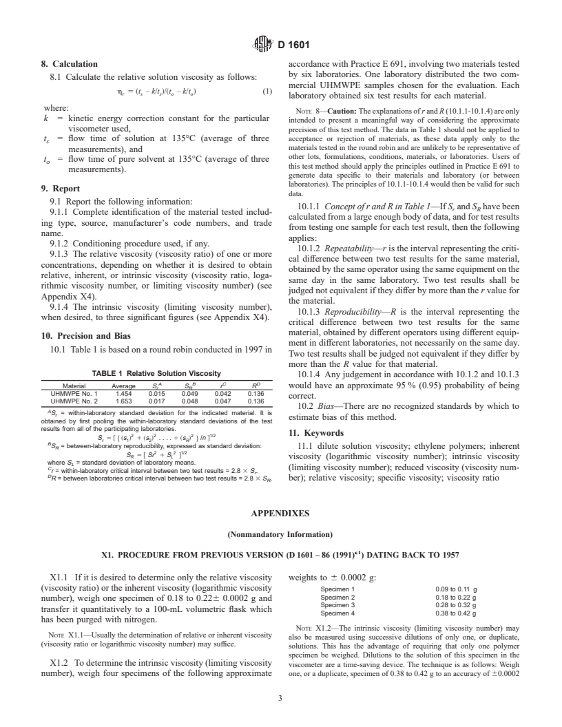 ASTM D1601-99 - Standard Test Method for Dilute Solution Viscosity of Ethylene Polymers