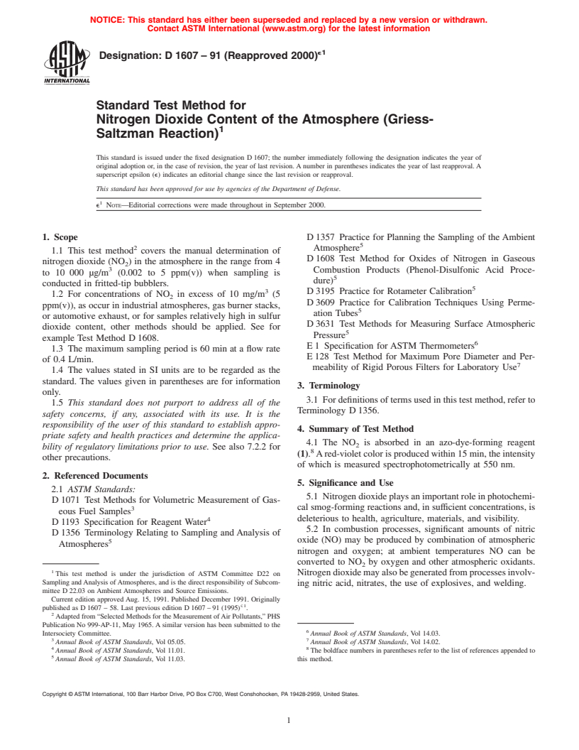 ASTM D1607-91(2000)e1 - Standard Test Method for Nitrogen Dioxide Content of the Atmosphere (Griess-Saltzman Reaction)