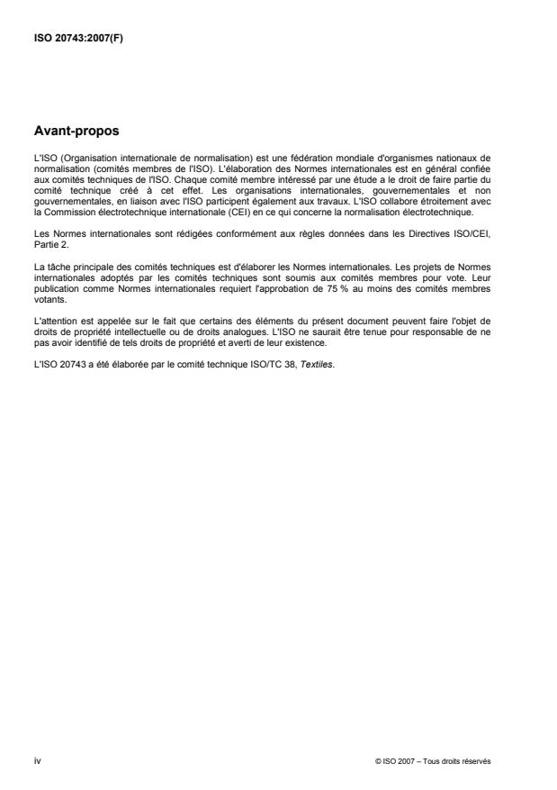 ISO 20743:2007 ISO 20743:2007 - Textiles -- Détermination de l'activité antibactérienne des produits finis antibactériens - Page 4 preview
