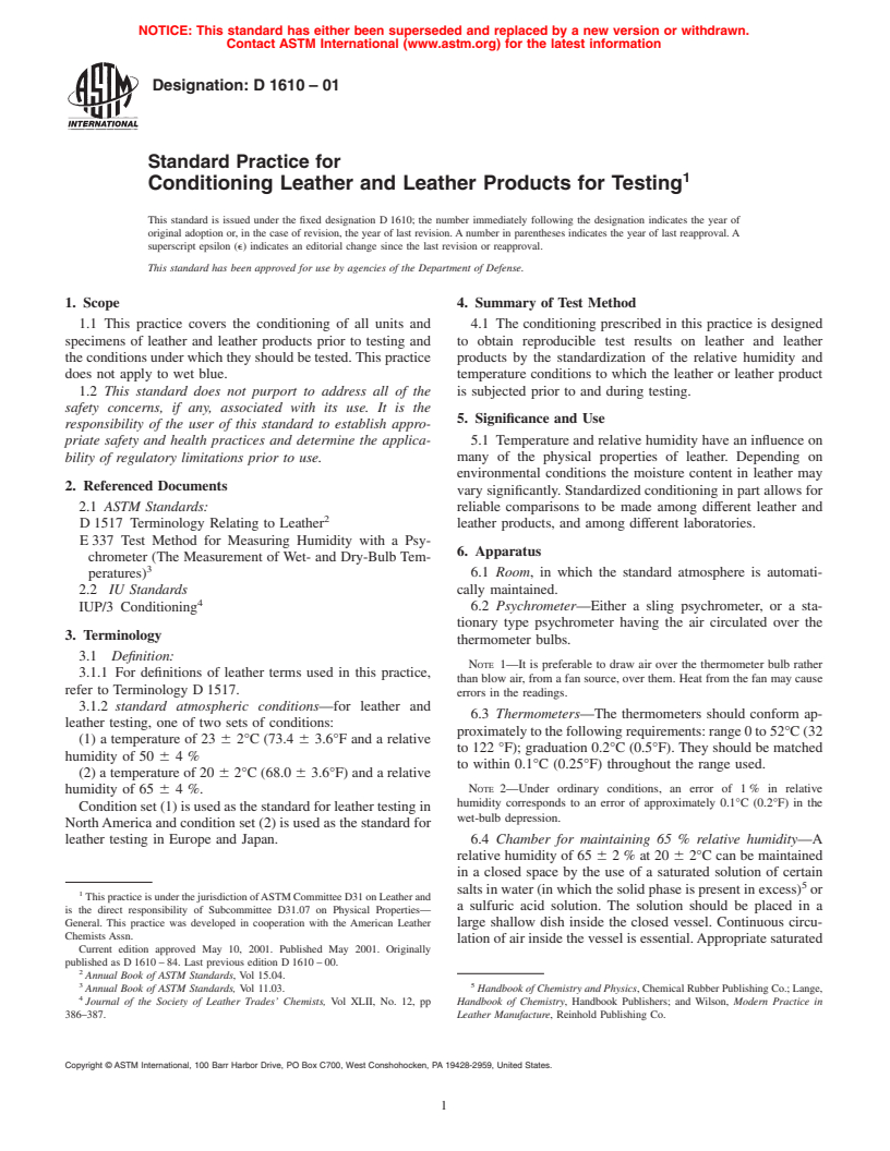 ASTM D1610-01 - Standard Practice for Conditioning Leather and Leather Products for Testing
