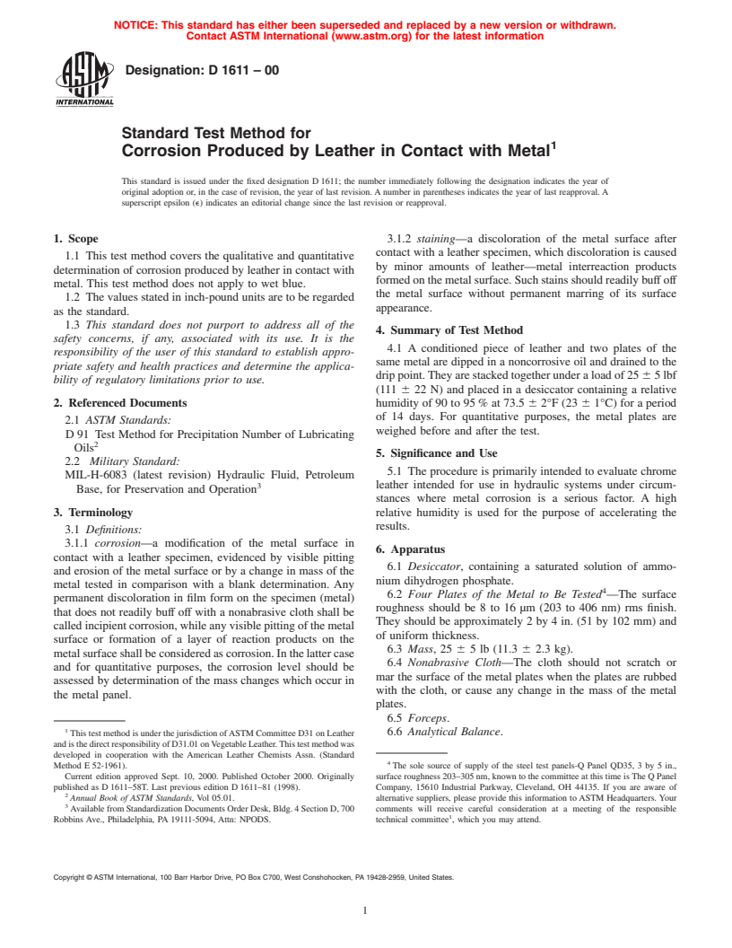 ASTM D1611-00 - Standard Test Method for Corrosion Produced by Leather in Contact with Metal