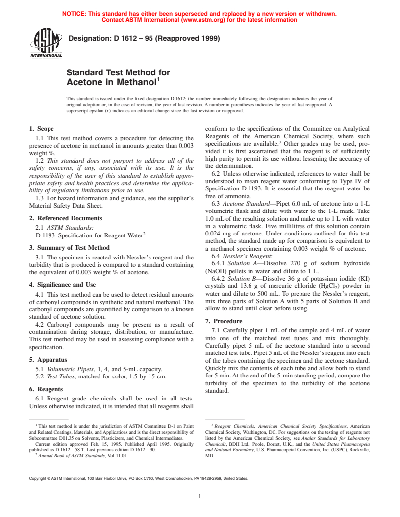 ASTM D1612-95(1999) - Standard Test Method for Acetone in Methanol