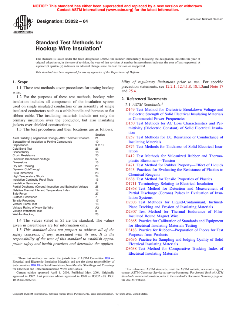 ASTM D3032-04 - Standard Test Methods for Hookup Wire Insulation