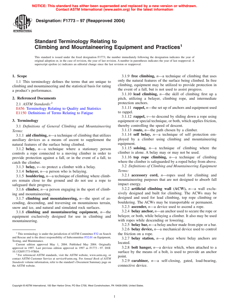 ASTM F1773-97(2004) - Standard Terminology Relating to Climbing and Mountaineering Equipment and Practices