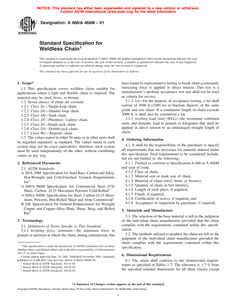 ASTM A466/A466M-01 - Standard Specification for Weldless Chain