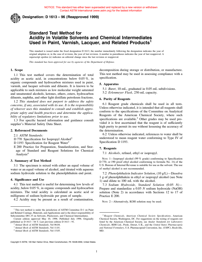ASTM D1613-96(1999) - Standard Test Method for Acidity in Volatile Solvents and Chemical Intermediates Used in Paint, Varnish, Lacquer, and Related Products