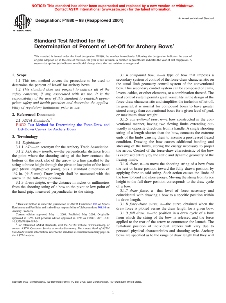 ASTM F1880-98(2004) - Standard Test Method for the Determination of Percent of Let-Off for Archery Bows