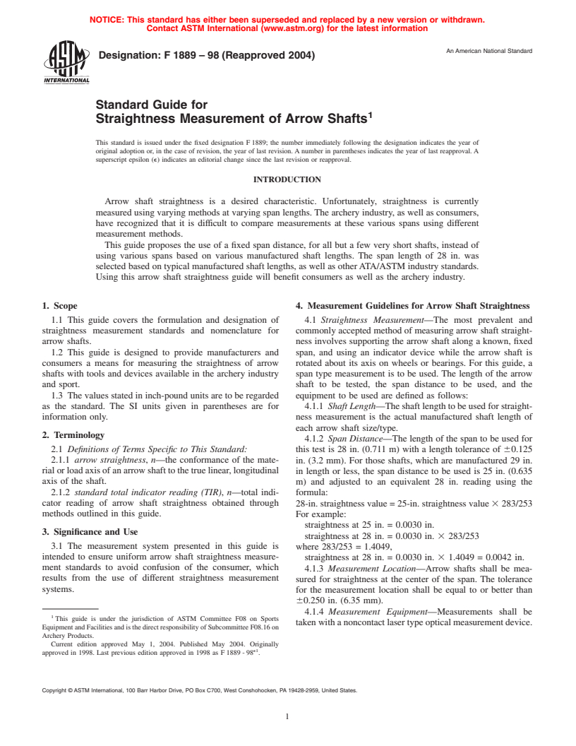 ASTM F1889-98(2004) - Standard Guide for Straightness Measurement of Arrow Shafts