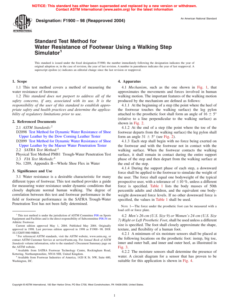ASTM F1900-98(2004) - Standard Test Method for Water Resistance of Footwear Using a Walking Step Simulator