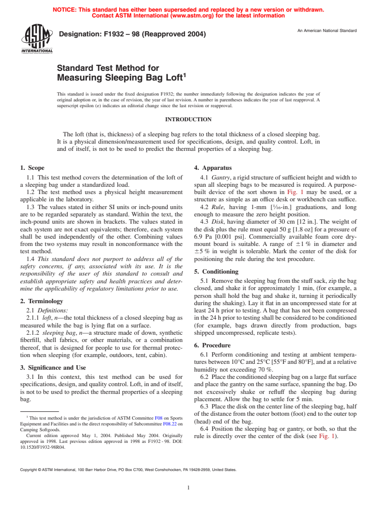 ASTM F1932-98(2004) - Standard Test Method for Measuring Sleeping Bag Loft