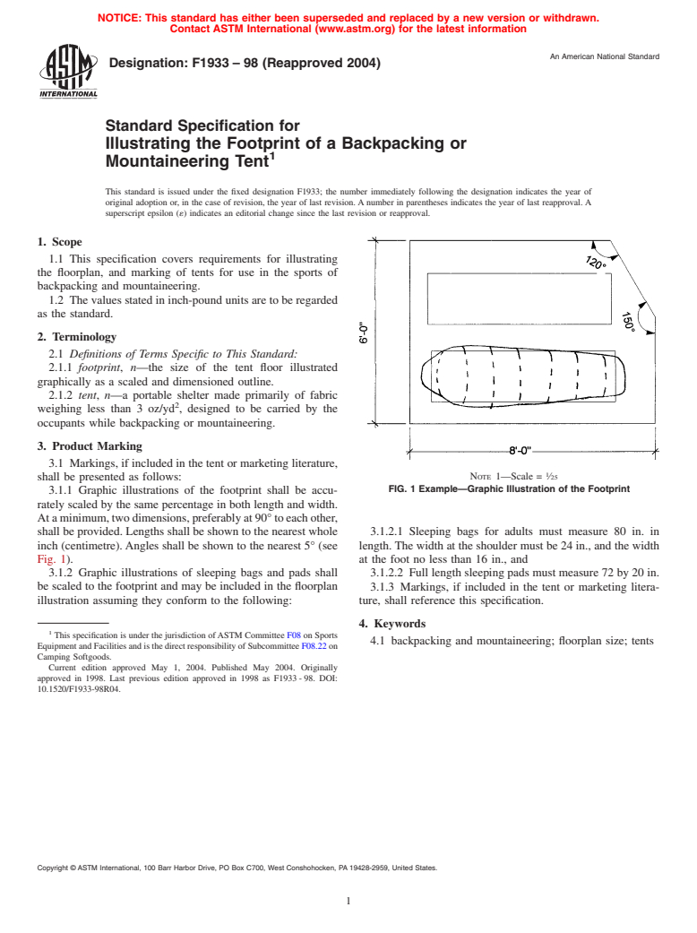 ASTM F1933-98(2004) - Standard Specification for Illustrating the Footprint of a Backpacking or Mountaineering Tent