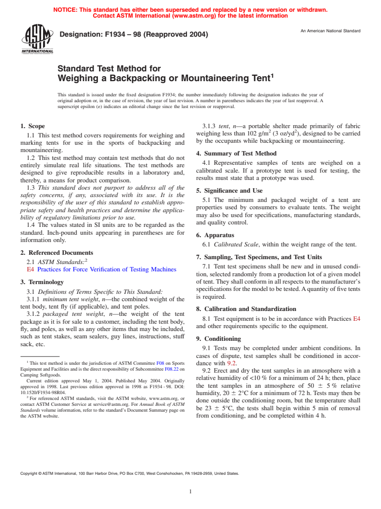 ASTM F1934-98(2004) - Standard Test Method for Weighing a Backpacking or Mountaineering Tent