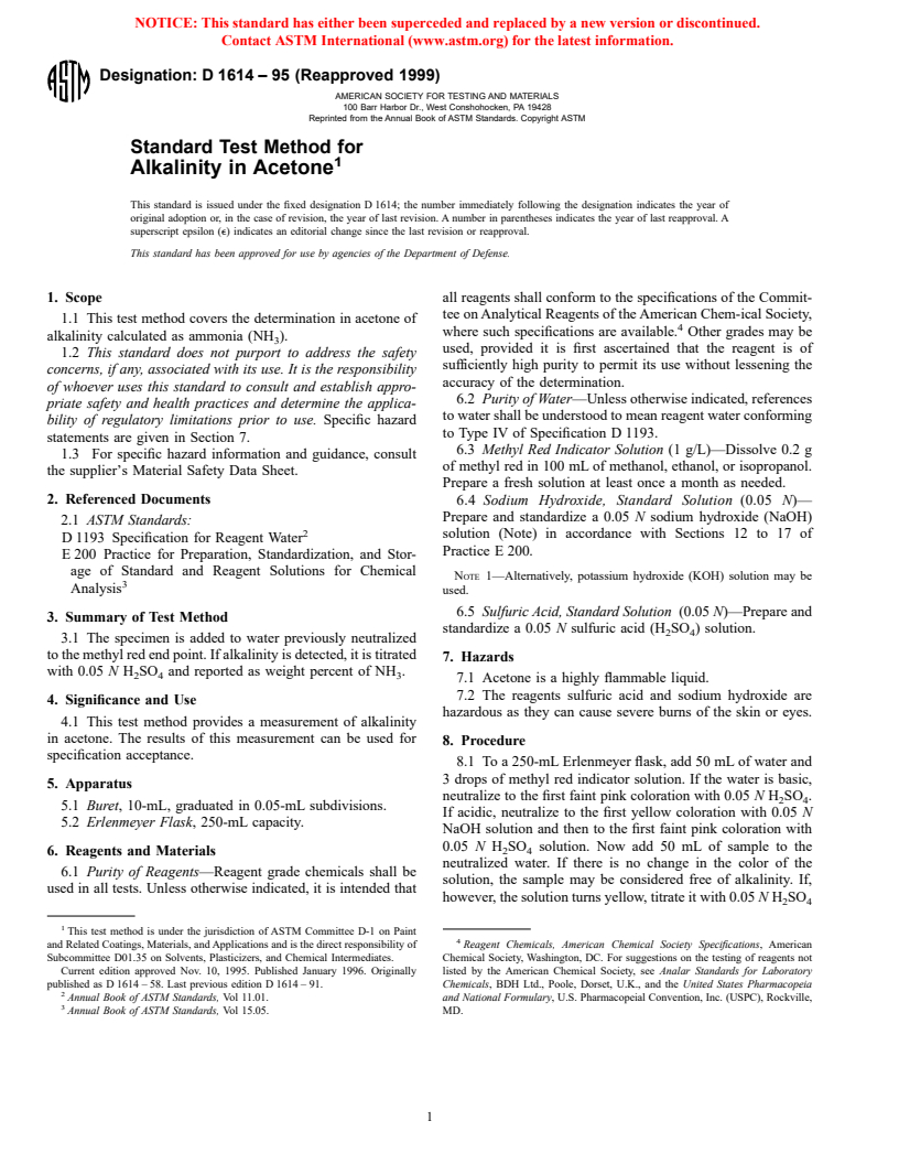 ASTM D1614-95(1999) - Standard Test Method for Alkalinity in Acetone