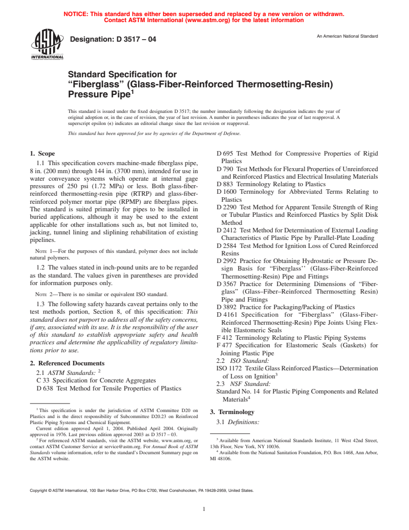 ASTM D3517-04 - Standard Specification for "Fiberglass" (Glass-Fiber-Reinforced Thermosetting-Resin) Pressure Pipe