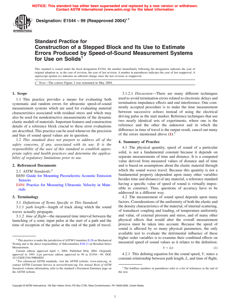 ASTM E1544-99(2004)e1 - Standard Practice for Construction of a Stepped Block and Its Use to Estimate Errors Produced by Speed-of-Sound Measurement Systems for Use on Solids (Withdrawn 2012)