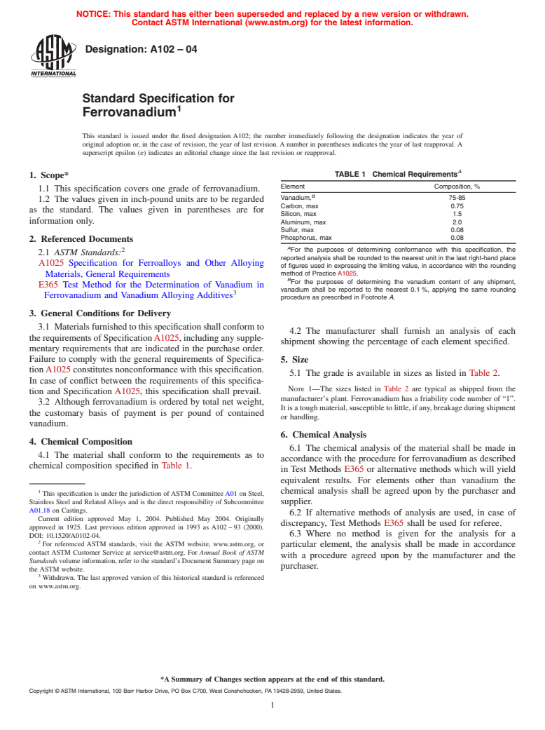 ASTM A102-04 - Standard Specification for Ferrovanadium