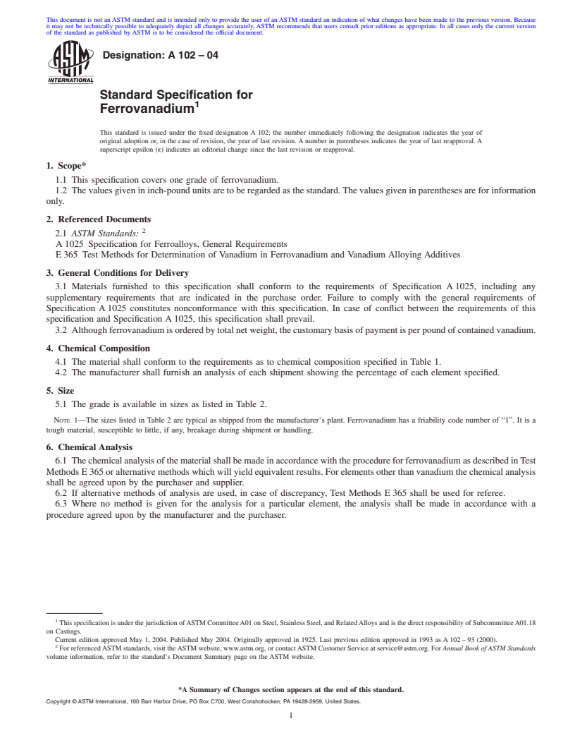 REDLINE ASTM A102-04 - Standard Specification for Ferrovanadium