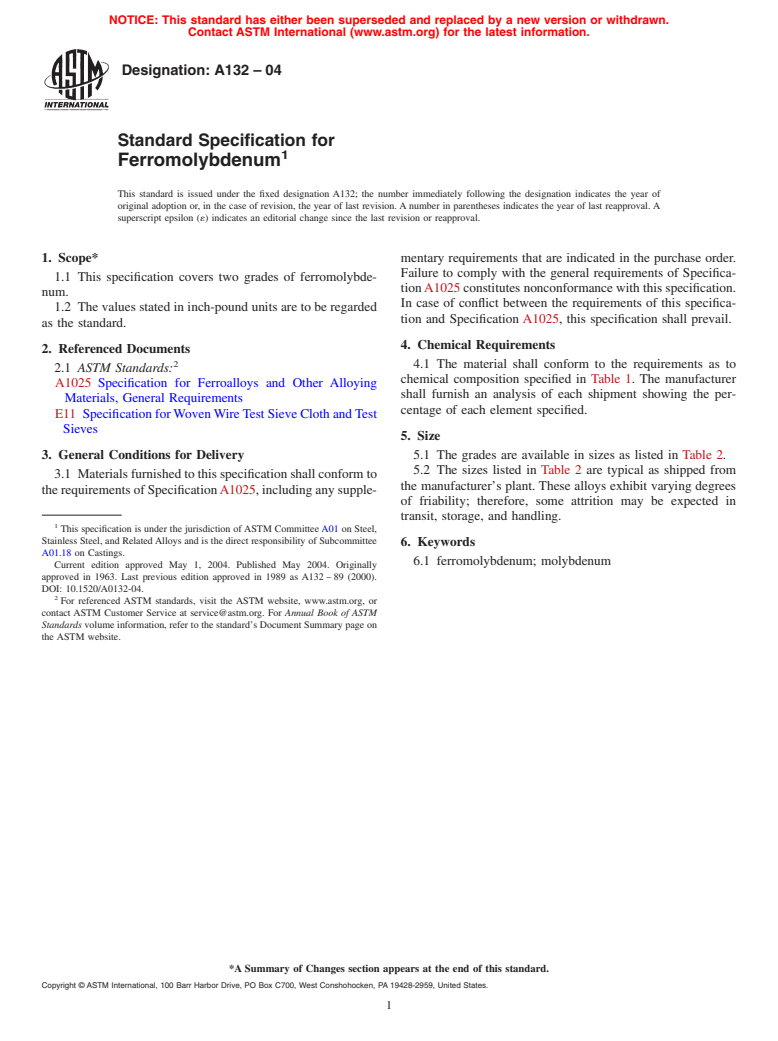 ASTM A132-04 - Standard Specification for Ferromolybdenum