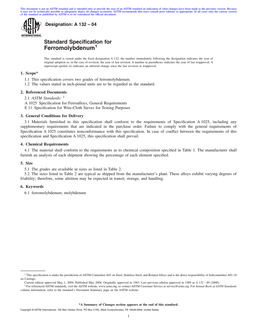 REDLINE ASTM A132-04 - Standard Specification for Ferromolybdenum