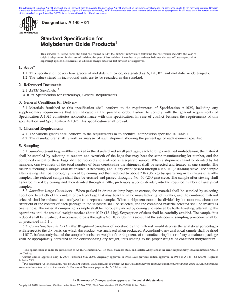 REDLINE ASTM A146-04 - Standard Specification for Molybdenum Oxide Products