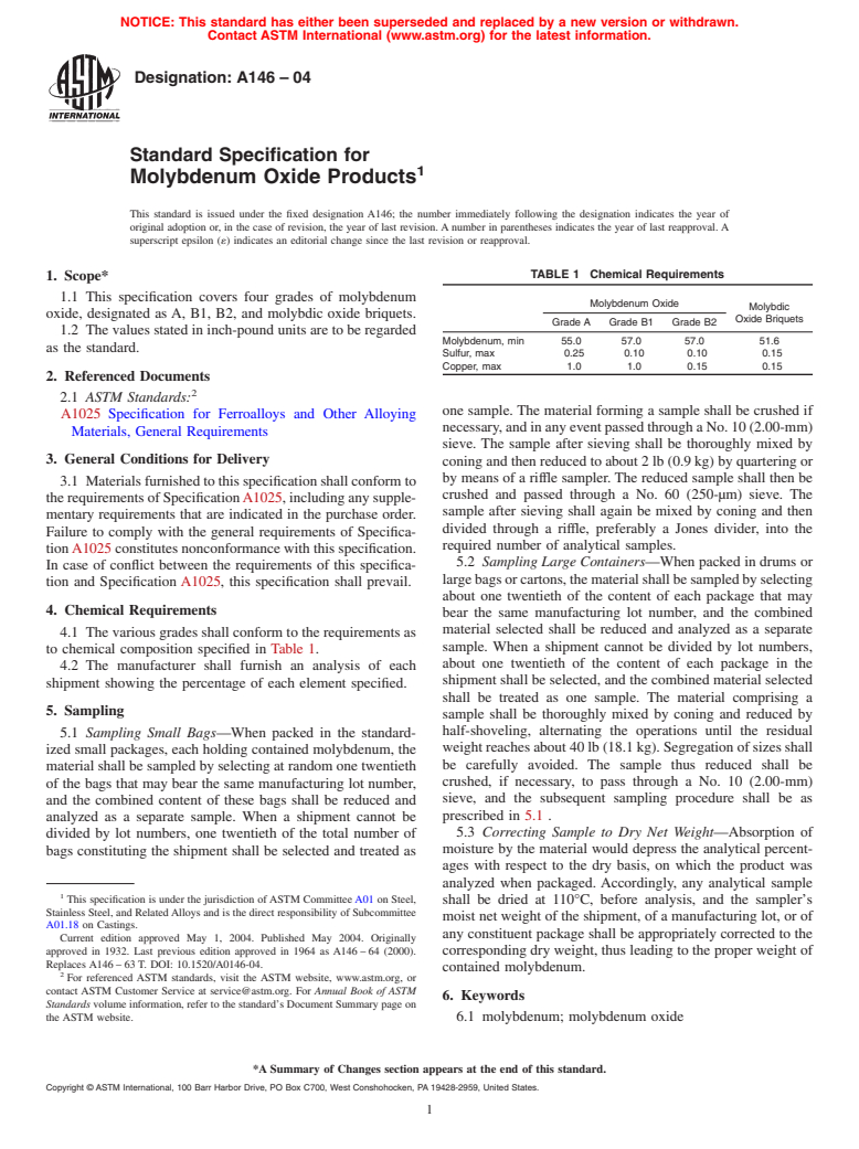 ASTM A146-04 - Standard Specification for Molybdenum Oxide Products