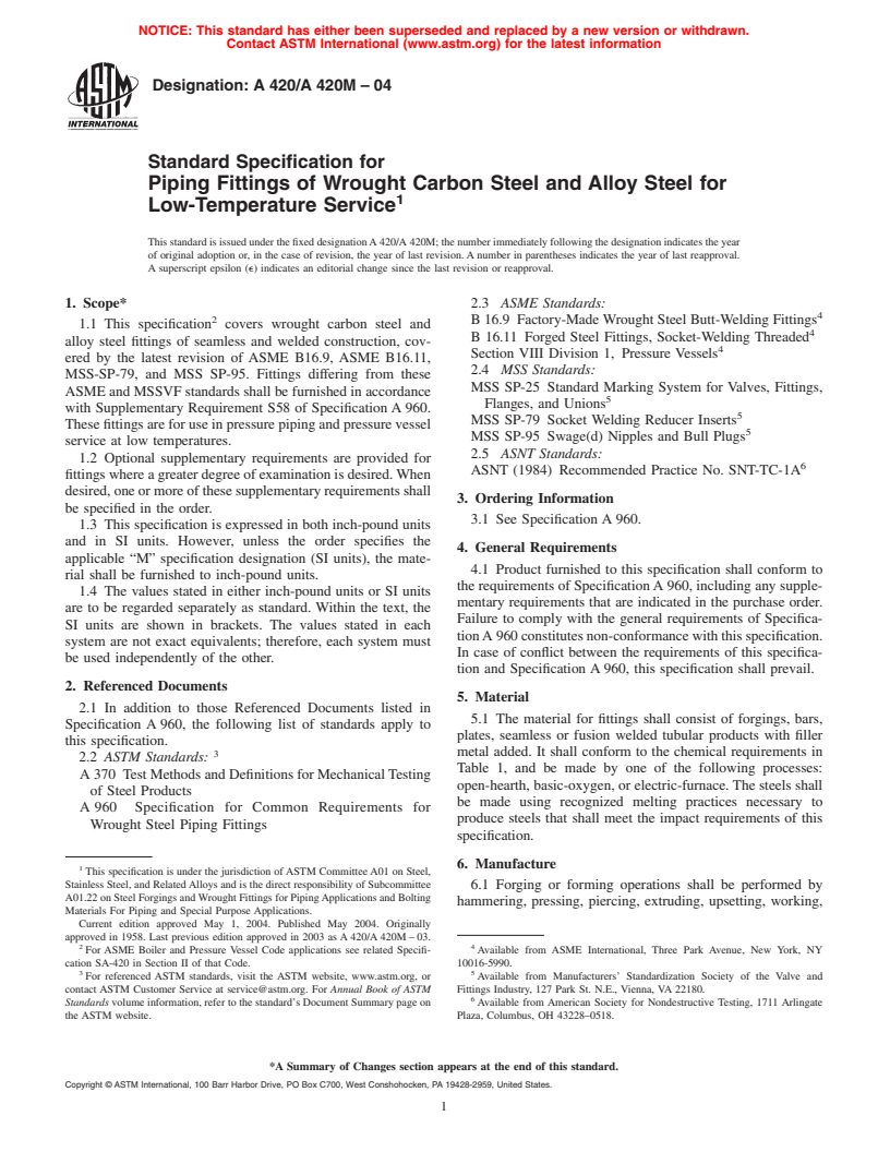 ASTM A420/A420M-04 - Standard Specification for Piping Fittings of Wrought Carbon Steel and Alloy Steel for Low-Temperature Service