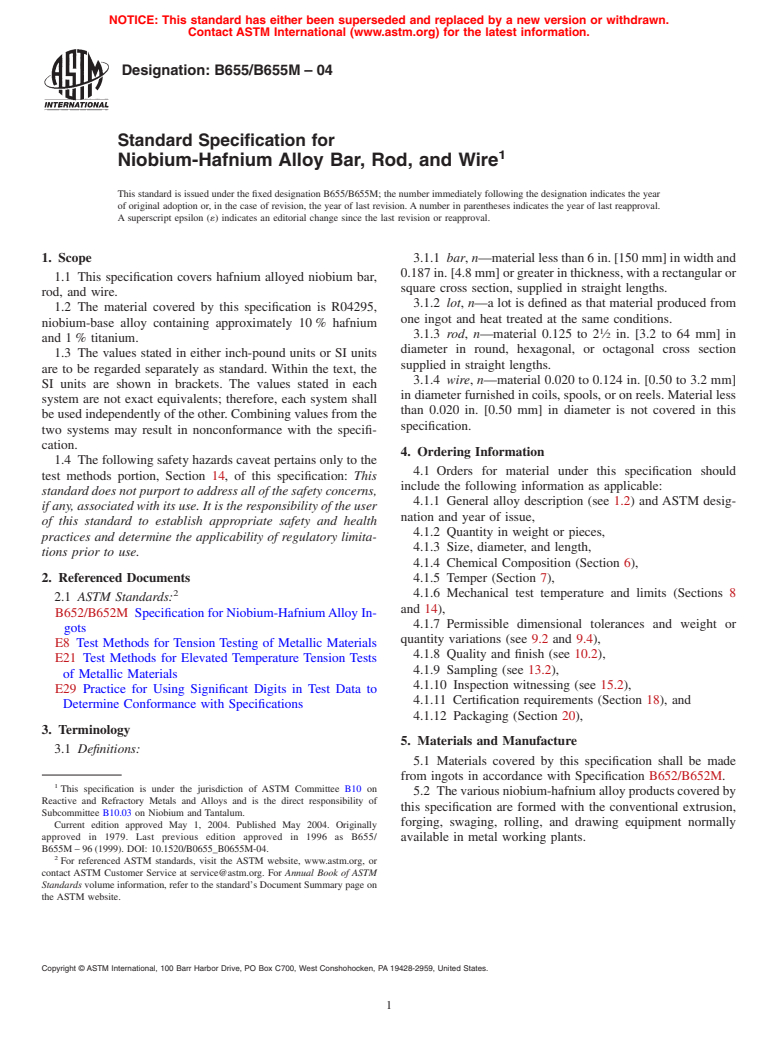 ASTM B655/B655M-04 - Standard Specification for Niobium-Hafnium Alloy Bar, Rod, and Wire