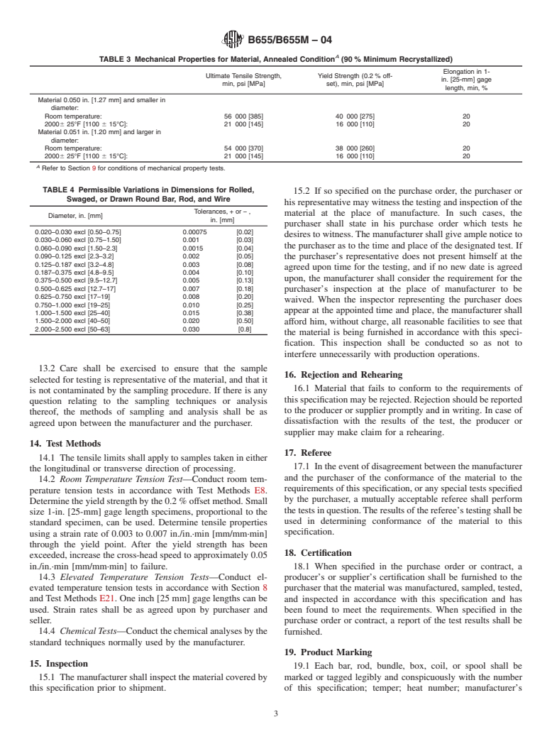 ASTM B655/B655M-04 - Standard Specification for Niobium-Hafnium Alloy Bar, Rod, and Wire